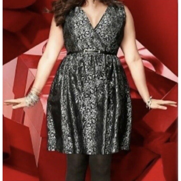 Lane Bryant Brocade Shimmer Fit Flare Dress W/Belt 22 Smoky- gray silver Party - Picture 8 of 11